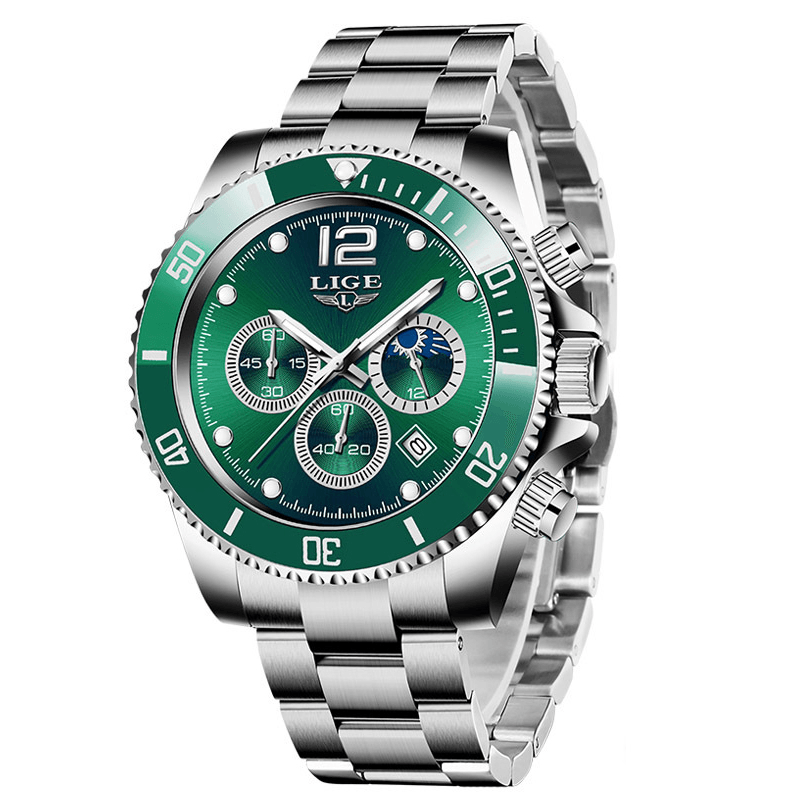 LIGE 8924 Business Casual Multifunctional Luminous Pointer with Small Dials Chronograph Stainless Steel Strap 3ATM Waterproof Men Quartz Watch Wristwatch - MRSLM