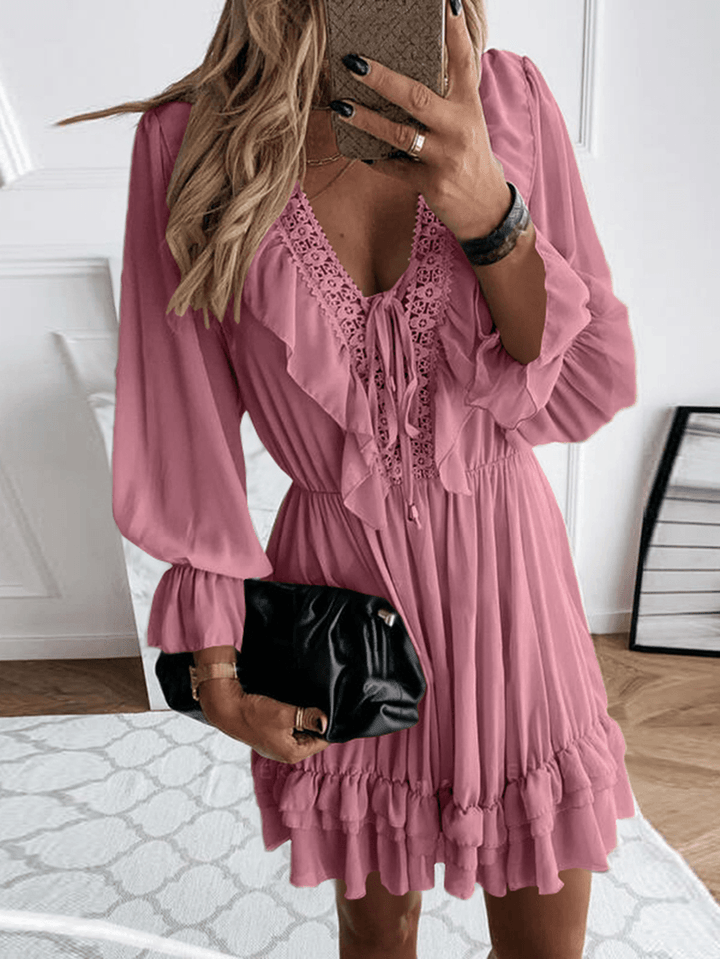 Solid Pleating Leisure Long Sleeve Casual Dress for Women - MRSLM