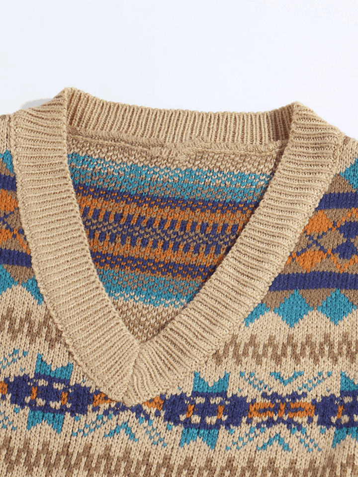 Mens Geometric Graphics Knitted V-Neck Sleeveless Sweater Vests - MRSLM