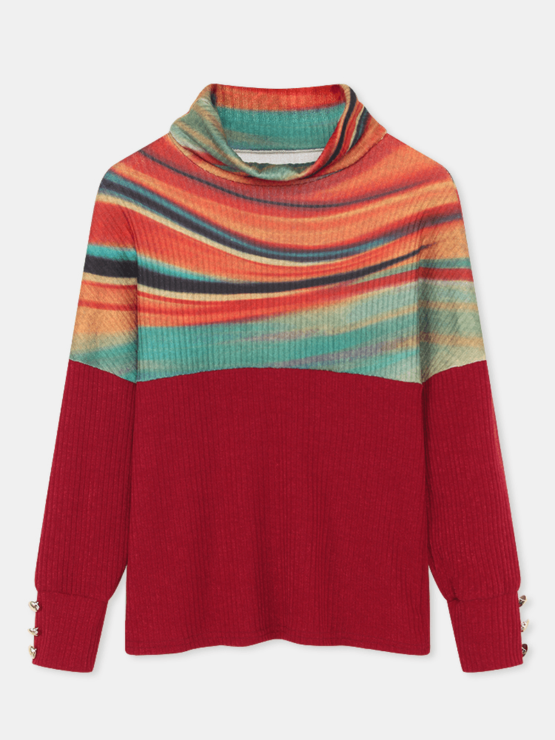 Women Rainbow Striped Print Patchwork Turtleneck Ribbed Sweater - MRSLM