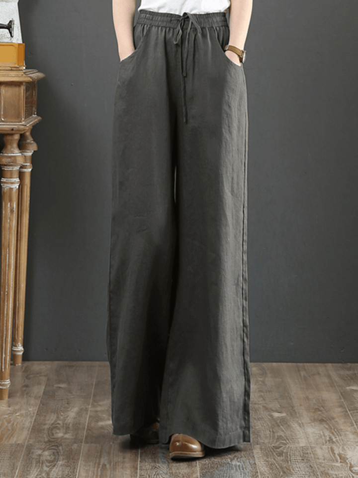 Women Solid Color Elastic Waist Drawstring Wide Leg Pants with Pocket - MRSLM