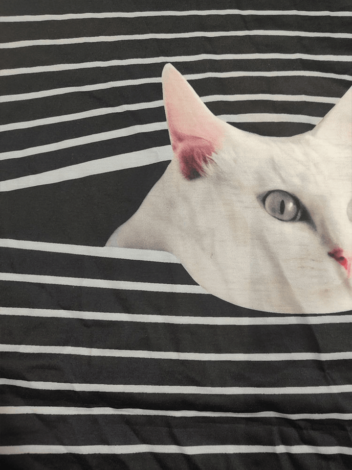 Women Stripe Cat Print Pullover Black Casual Sweatshirts - MRSLM