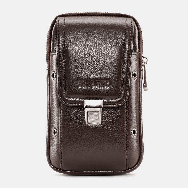 Men Genuine Leather Retro Business 6.3 Inch Phone Bag Hanging Waist Bag with Belt Loop - MRSLM