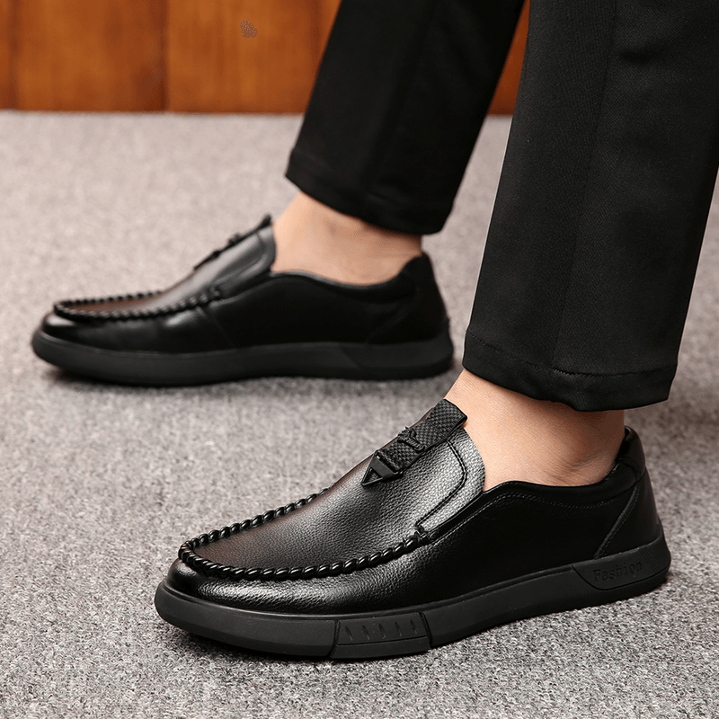 Men Cowhide Leather Breathable Non Slip Soft Bottom Comfy Casual Business Shoes - MRSLM