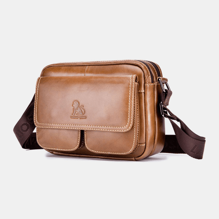 Men Genuine Leather Large Capacity Multi-Pocket Anti-Theft Vintage Crossbody Bag Cowhide Shoulder Bag - MRSLM