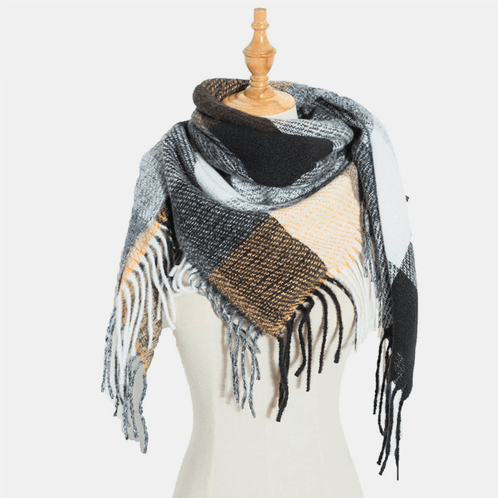 Women Tie-Dyed Contrast Color Stripe Lattice Pattern Tassel Winter Keep Warm Multi-Purpose Scarf Shawl - MRSLM