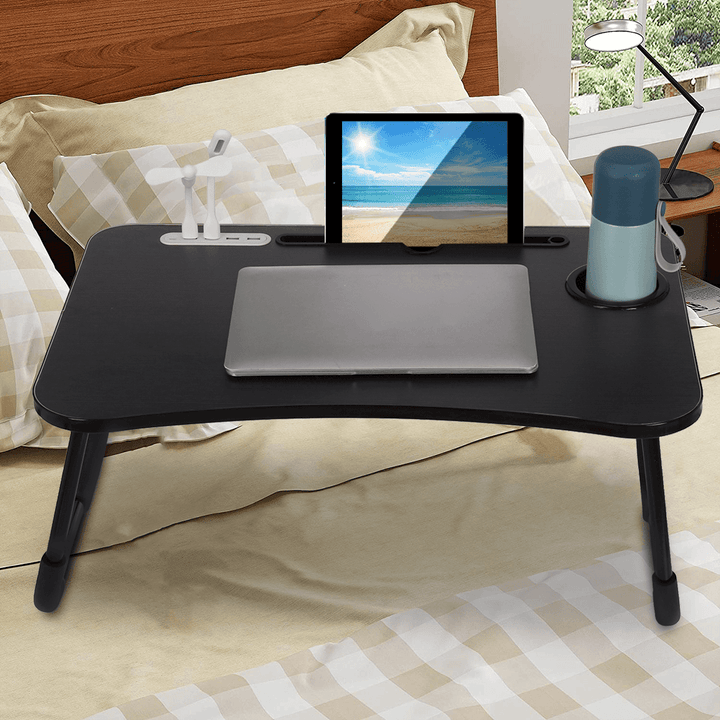 Wooden Laptop Stand Bed Table Laptop Heightening Stand with USB Ports Fan and Lamp for Bedroom Office - MRSLM