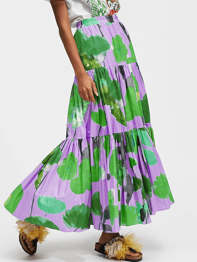 Women Colorful Floral Print Loose Elastic Waist A-Line Long Tiered Layered Skirt - MRSLM
