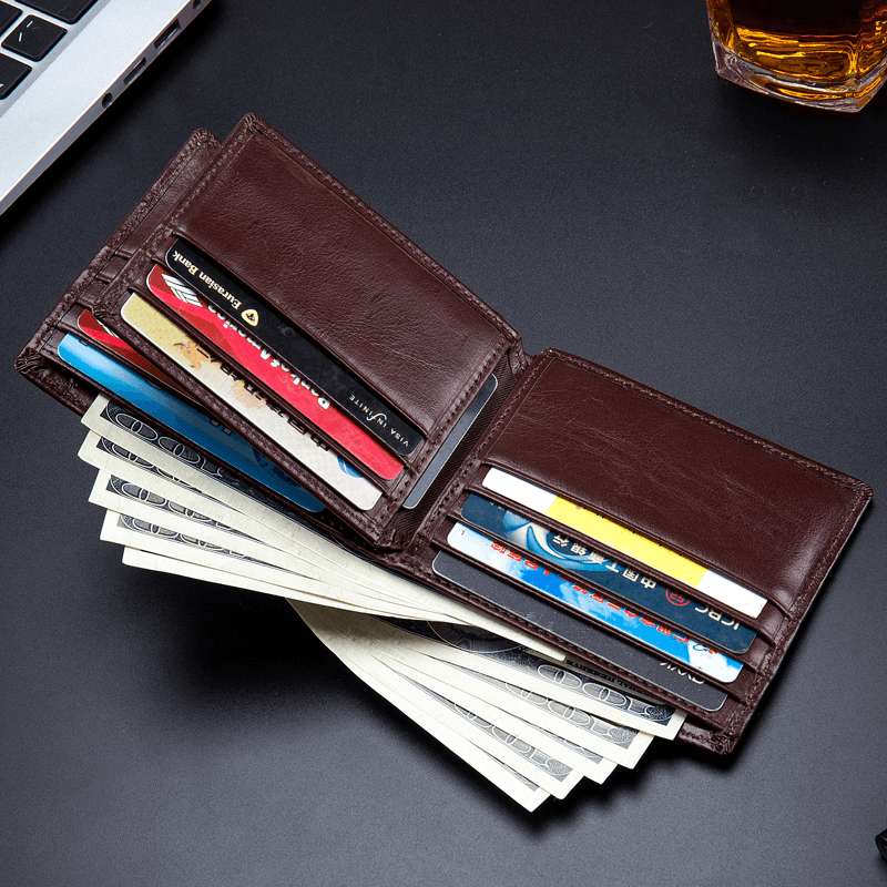 Men Horizontal Vertical Wallets Bifold RFID Anti-Theft Brush Multi-Card Slot Card Holder Money Clip Cowhide Wallets - MRSLM