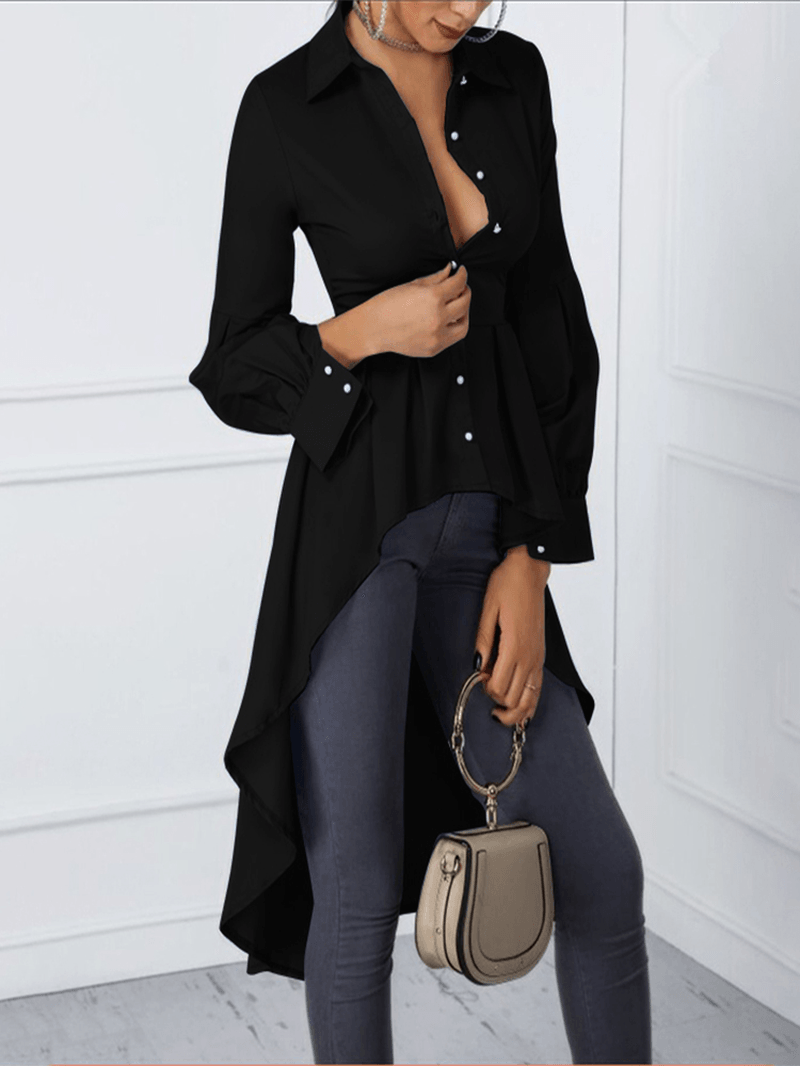 Solid Color Puff Sleeve Button Shirts High Low Hem Blouse for Women - MRSLM