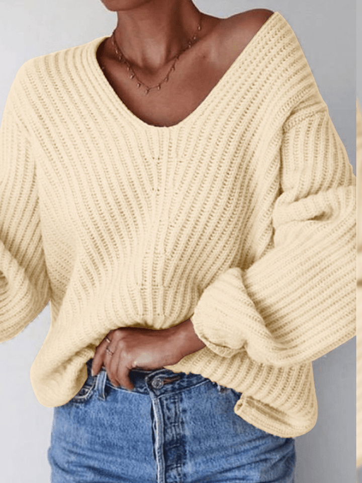 Women Puff Sleeve V-Neck Pleated Spliced Solid Loose Thick Fashion Sweaters - MRSLM