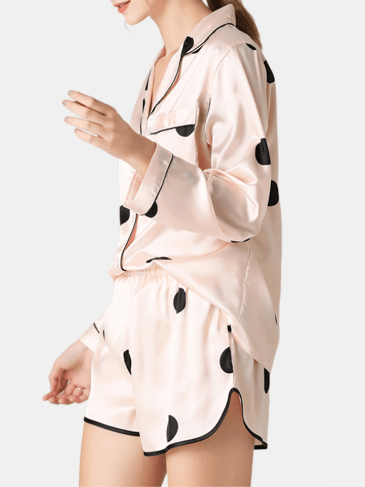 Women Polka Dot Lapel Collar Pink Faux Silk Long Sleeve Loose Pajama Set - MRSLM