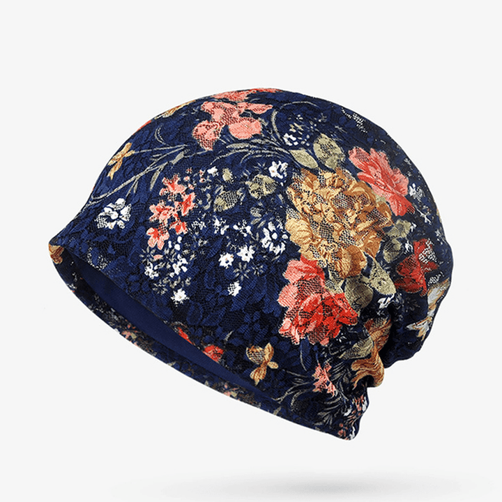 Women Flowers Cotton Lace Beanie Hat Ethnic Vintage Good Elastic Breathable Turban Caps - MRSLM