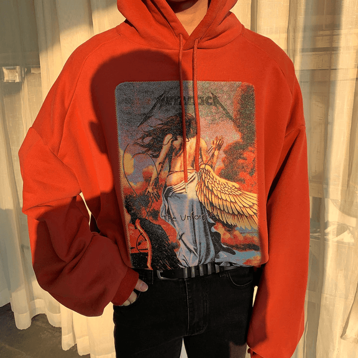 Hooded Hoodie Men'S Loose Plush Jet Offset Print Pullover Hoodie - MRSLM