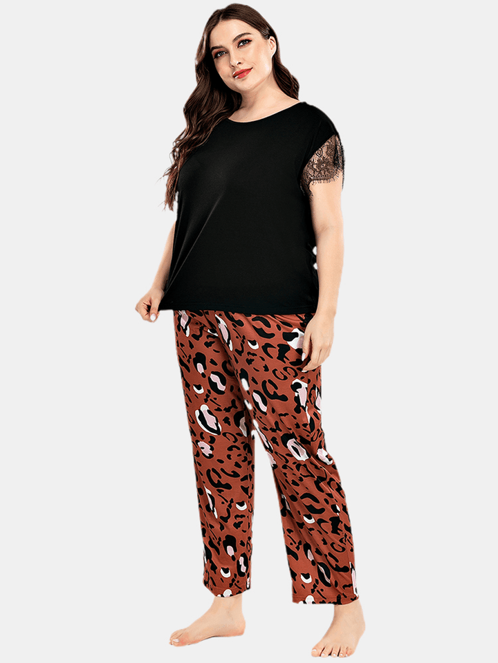 Plus Size Women Lace Black Short Sleeve Top Leopard Pants Home Casual Pajama Set - MRSLM