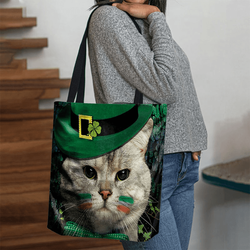 Women Clover Cat Pattern Print Happy St Patrick Day Shoulder Bag Handbag Tote - MRSLM
