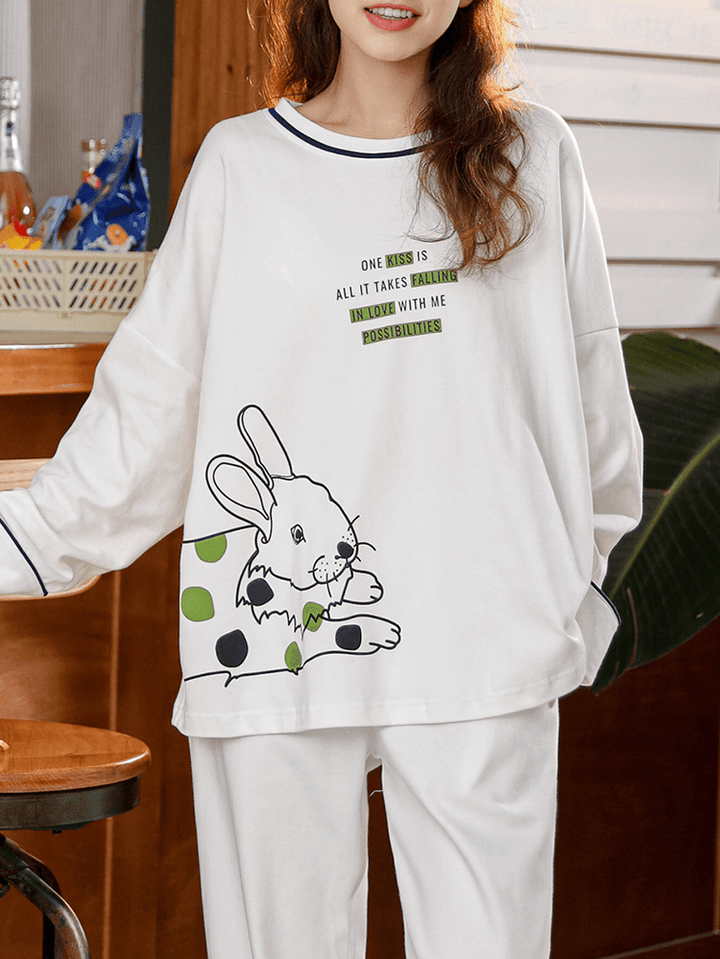 Plus Size Women Cartoon Animal Print Plaid Pants Home Casual Pajama Sets - MRSLM