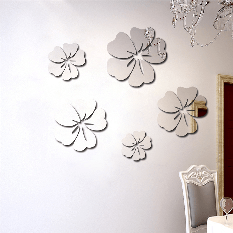 5Pcs Flower Pattern Mirror Sticker Home Decor 3D Decal Art DIY Mural Decal for Living Room Decoration PVC Self Adhesive Poster - MRSLM