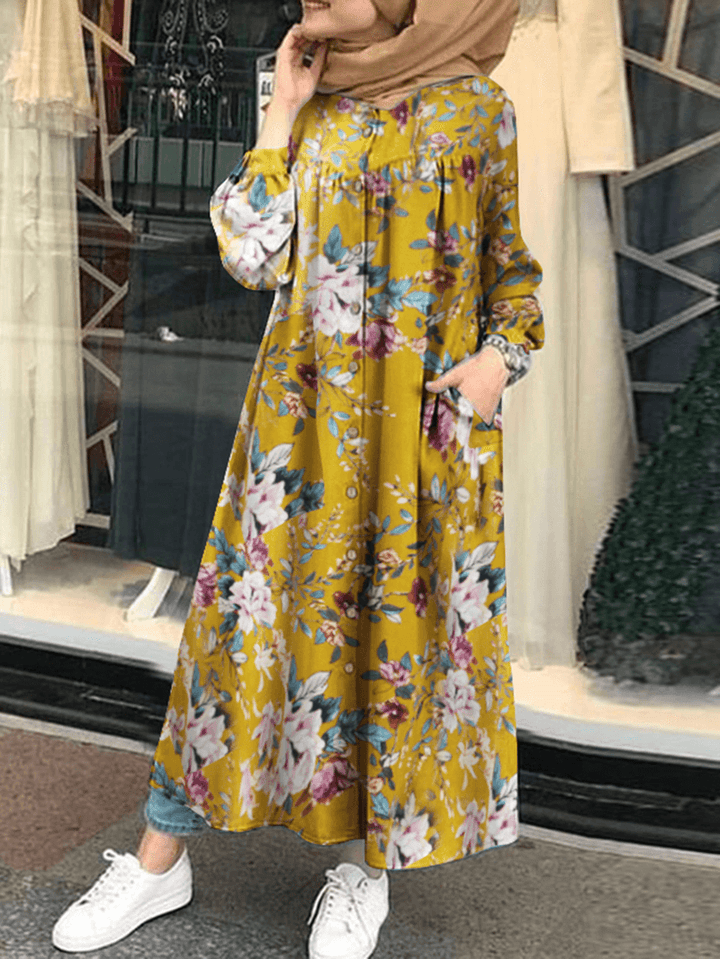 Women 100% Cotton Floral Print Mid-Calf Length Kaftan Maxi Dresses with Side Pocket - MRSLM