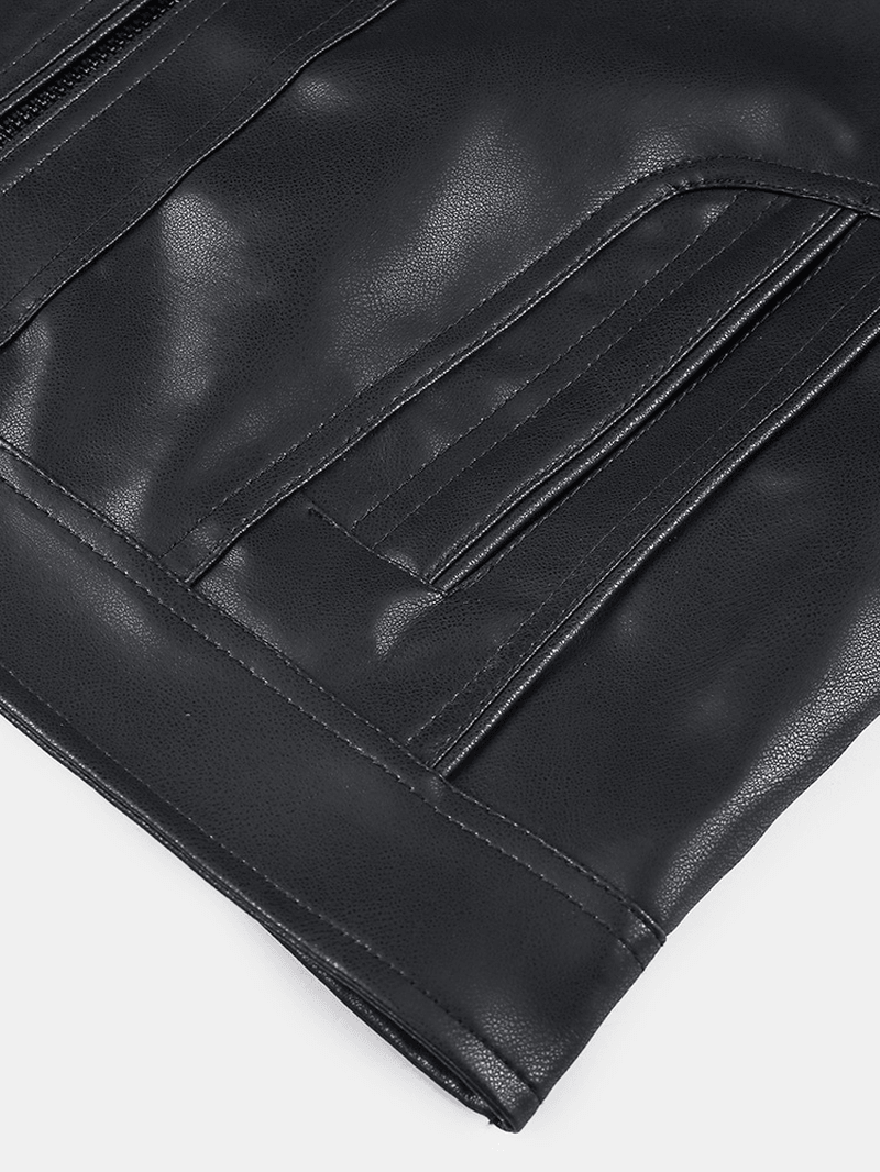 Mens Pocket Zip-Up PU Leather Black Long Sleeve Motorcycle Jacket - MRSLM