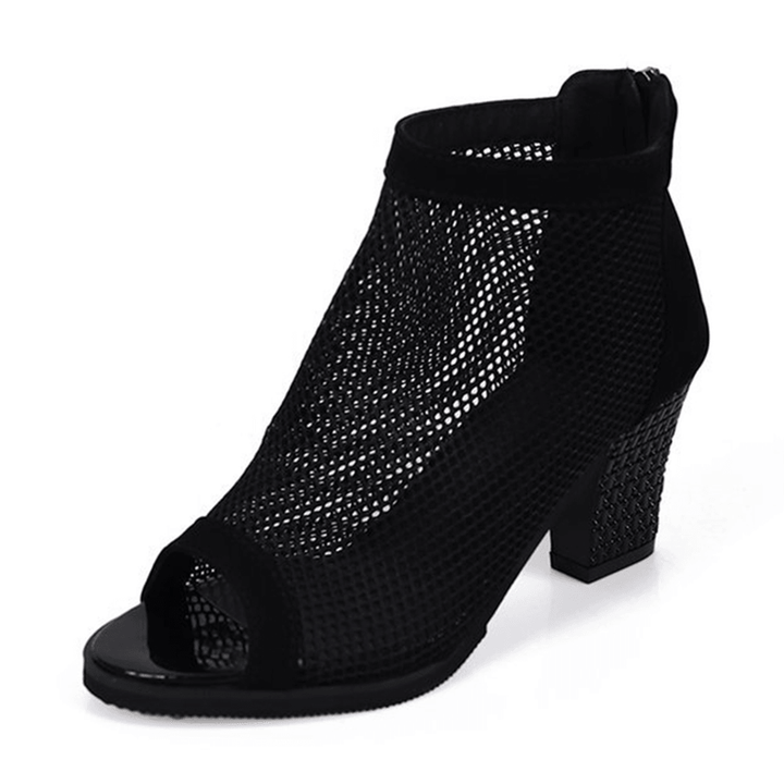 Women Casual Mesh Breathable Chunky Heel Hollow Out Peep-Toe Pumps Shoes - MRSLM
