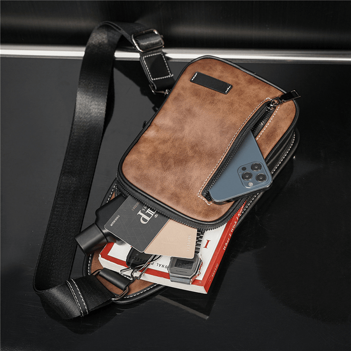 Men Retro Casual Waterproof Large Capacity Multifunction Multi-Pocket Chest Bag PU Soft Leather Crossbody Shoulder Bag - MRSLM