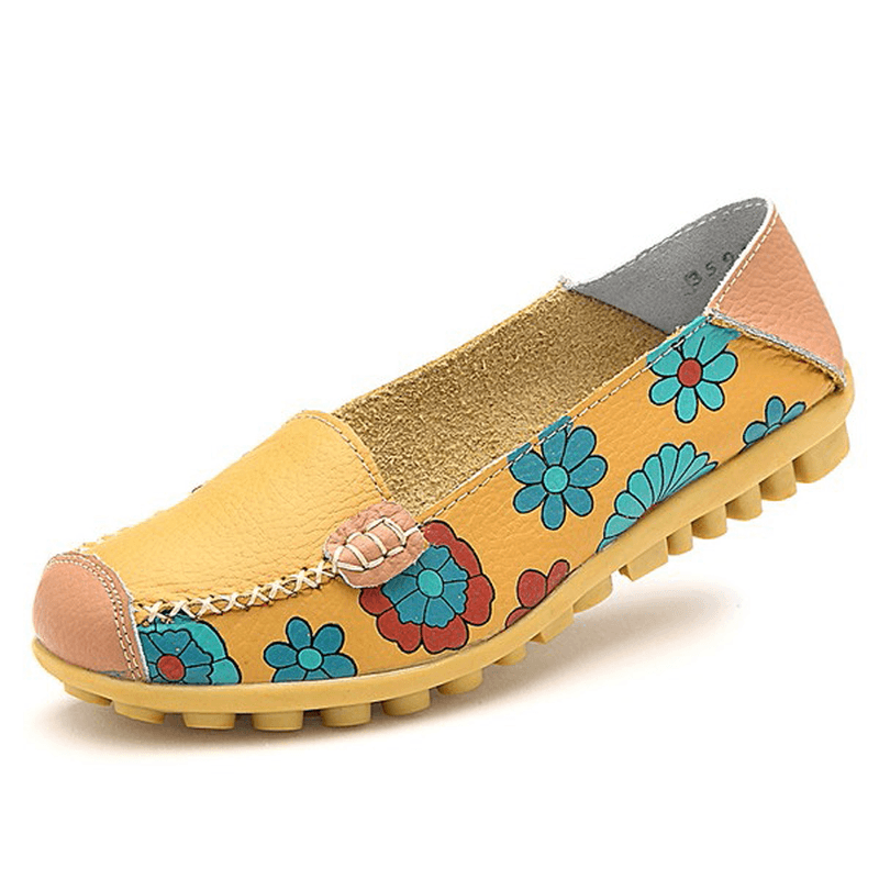 Big Size Women Flower Floral Leather Loafers Moccasins Flats Soft Ballet Shoes round Toe Flats - MRSLM