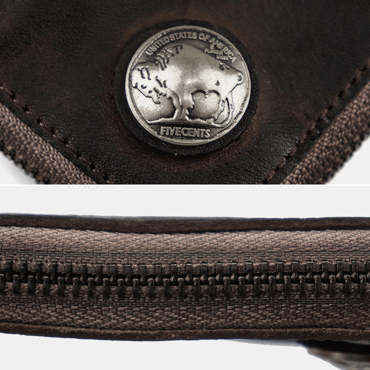 Men Vegetable Tanned Leather Metal Label Keychain Wallet Washed Retro Zipper Card Holder with Hook - MRSLM