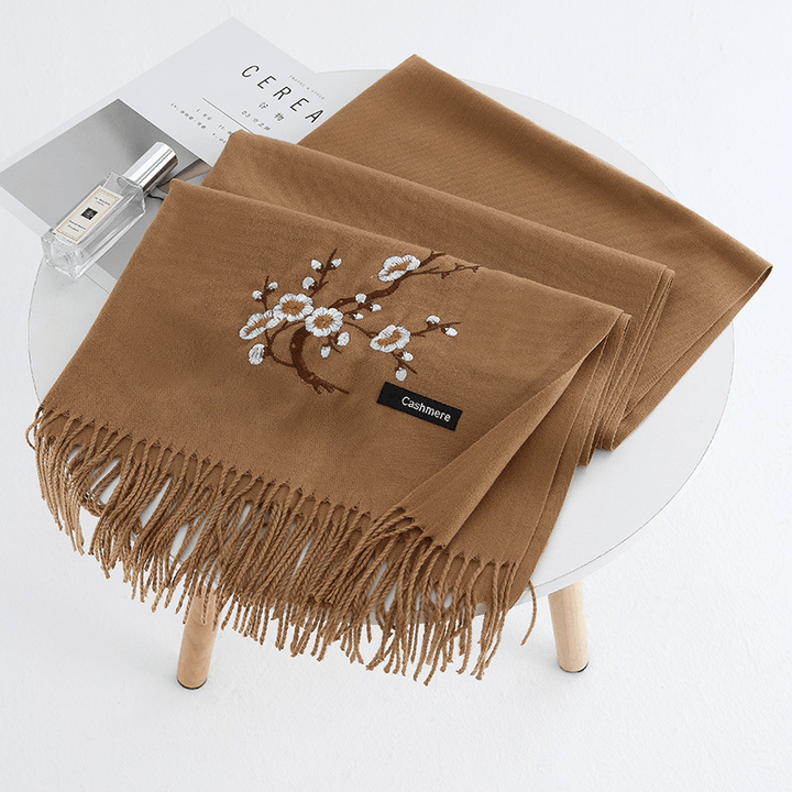 Women Winter Cashmere-Like Plum Embroidery Tassel Scarf - MRSLM