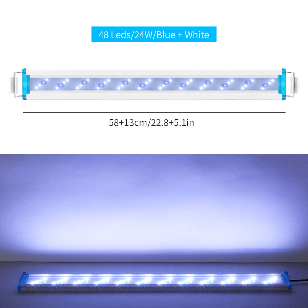Super Slim LED Aquarium Lighting Aquatic Plant Light 18-58CM Extensible Waterproof Clip on Lamp for Fish Tank 90-260V Blue+White Light - MRSLM