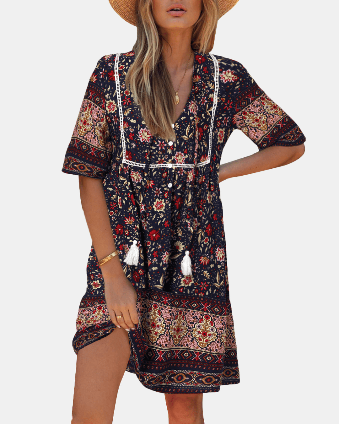 Bohemian Floral Print V-Neck Short Sleeve Mini Dress - MRSLM