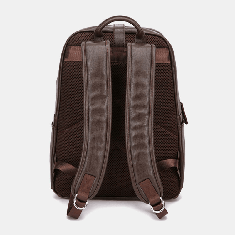 Men PU Leather Large Capacity Multi-Pocket Vintage 14 Inch Laptop Backpack - MRSLM