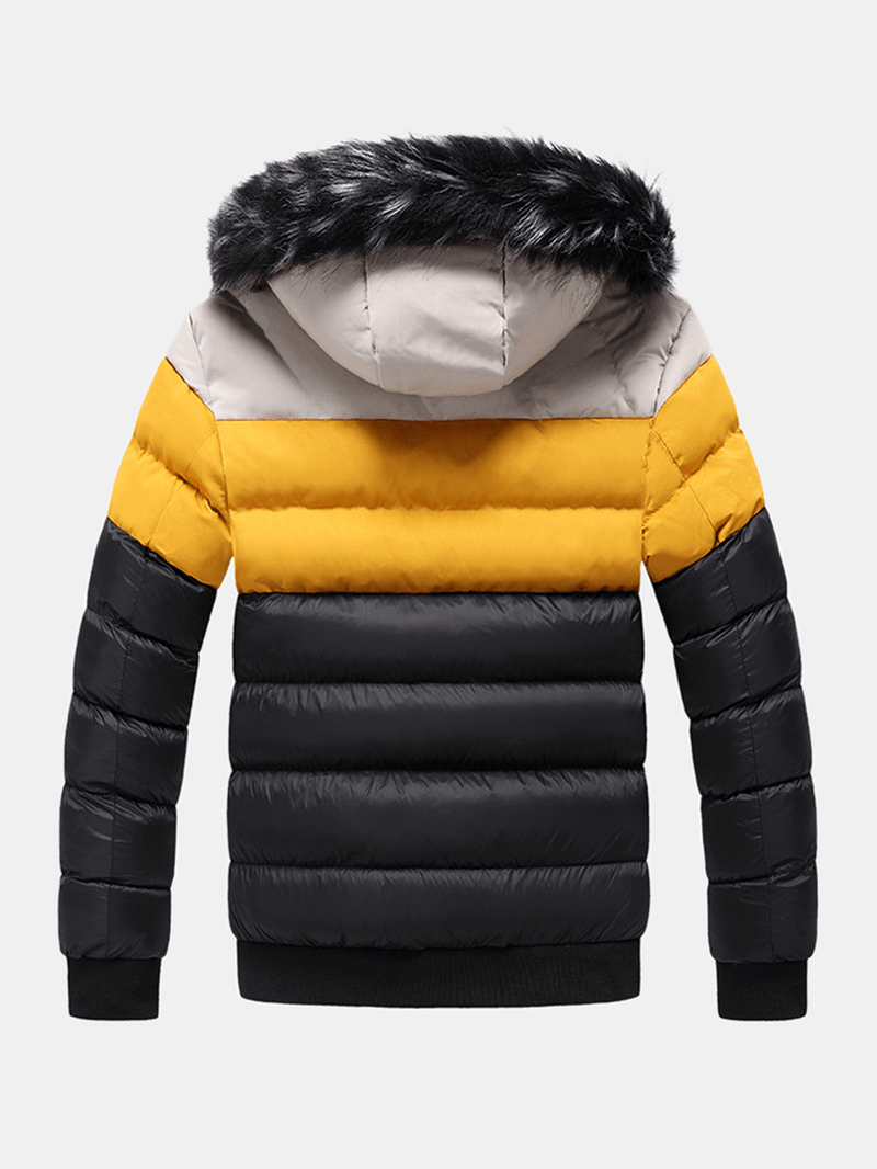 Mens Color Block Patchwork Thick Faux Fur Hooded Puffer Jacket with Pocket - MRSLM