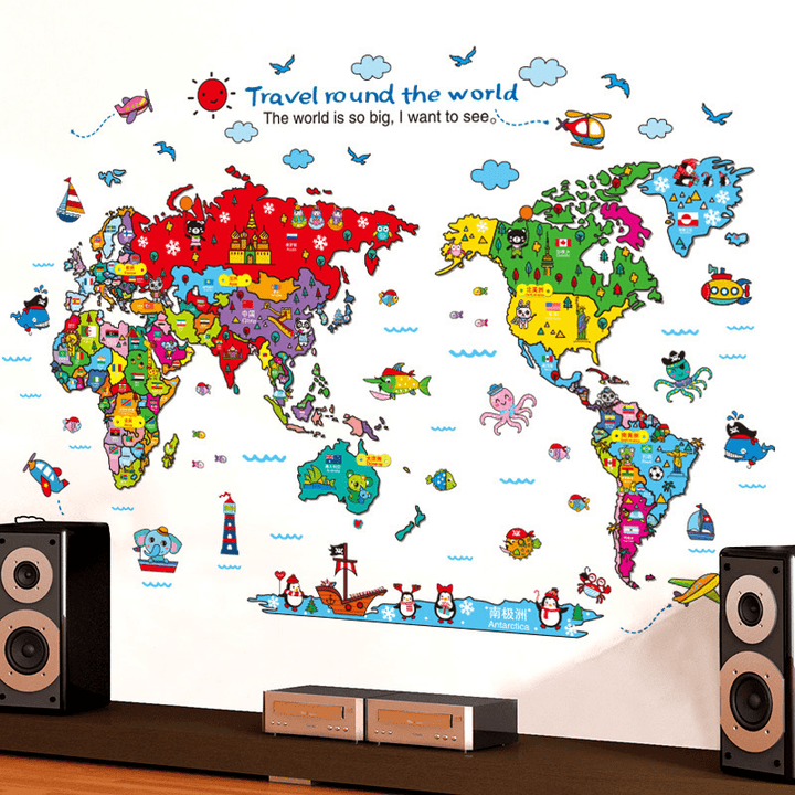 Cartoon Animals World Map Wall Stickers for Kids Room Decorations Safari Mural Art Zoo - MRSLM