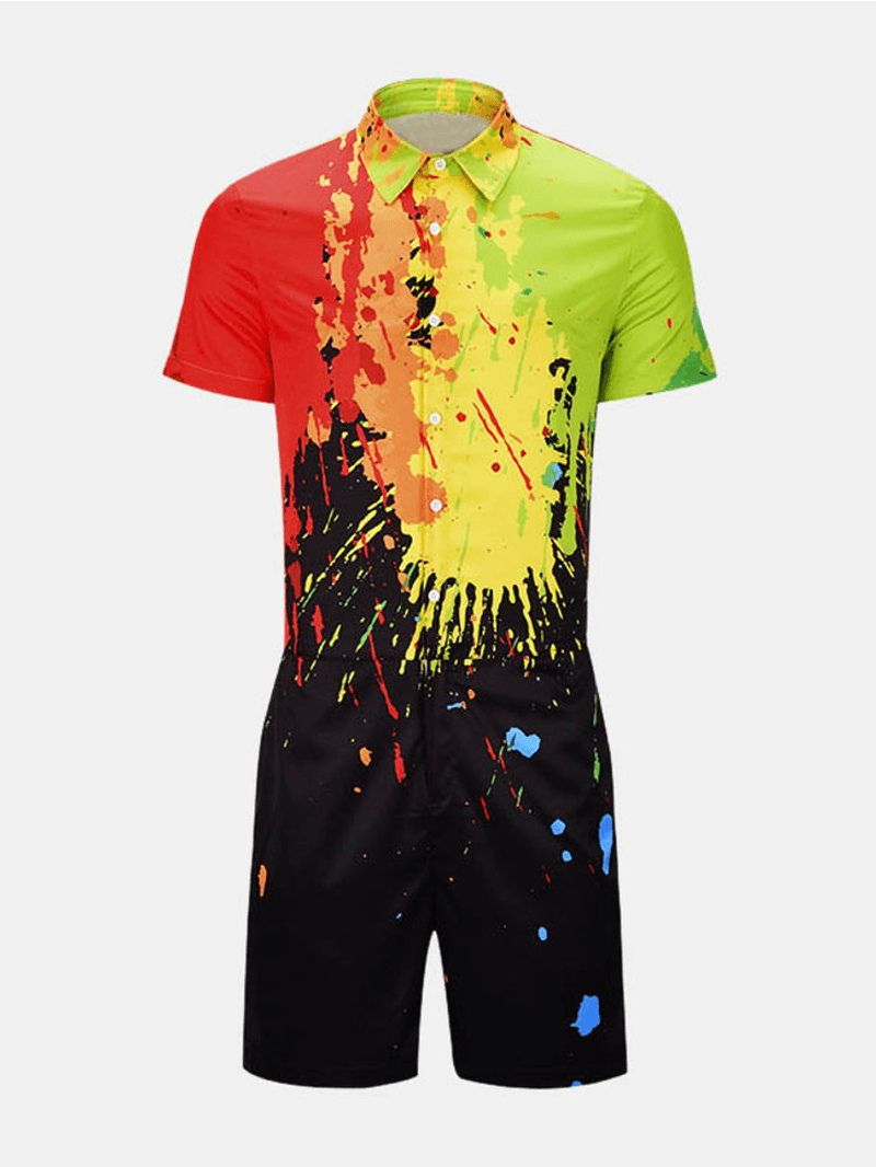 Men Splash Ink Printed Short Sleeve Jumpsuit - MRSLM