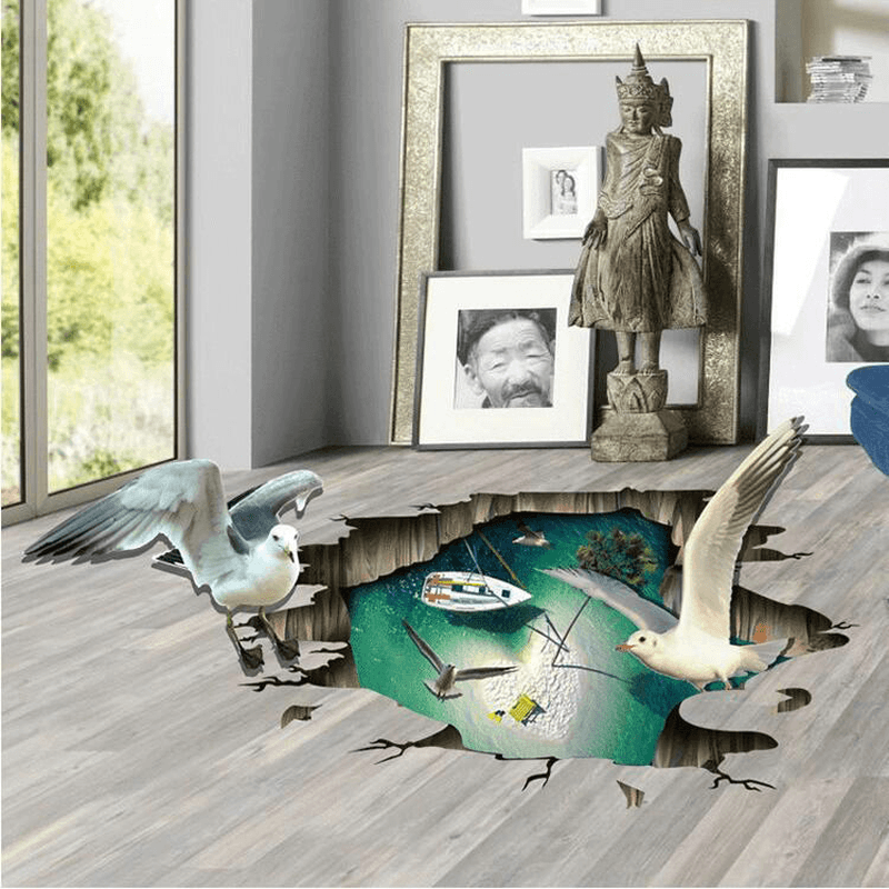 Miico Creative 3D Sea Gulls Birds Sea Island PVC Removable Home Room Floor Decor Sticker - MRSLM