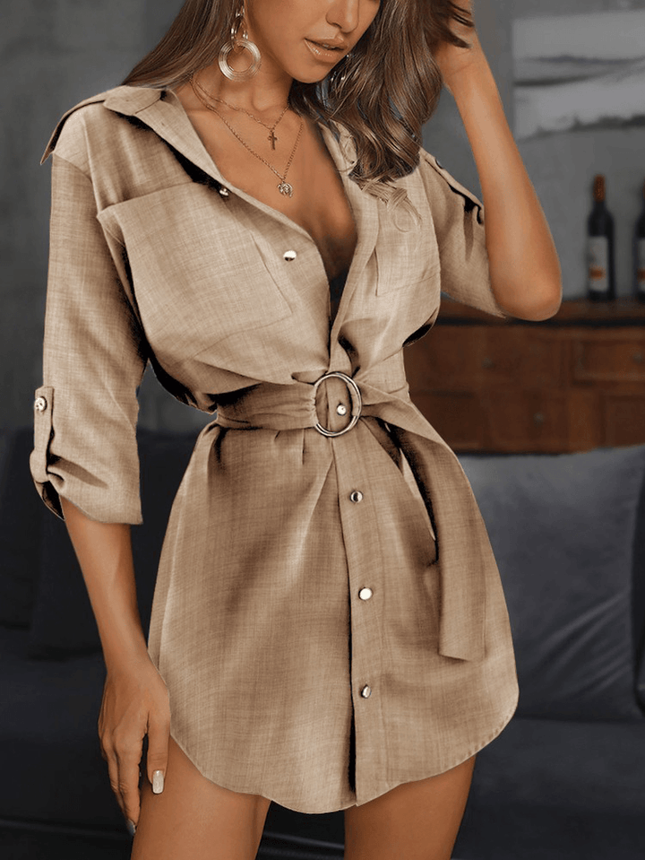 Women Pure Color Lapel Chest Pocket Belted Button up Casual Loose Shirt Dress - MRSLM