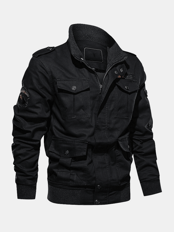 Mens 100% Cotton Badge Zip Front Outdoor Cargo Jacket with Multi Pocket - MRSLM