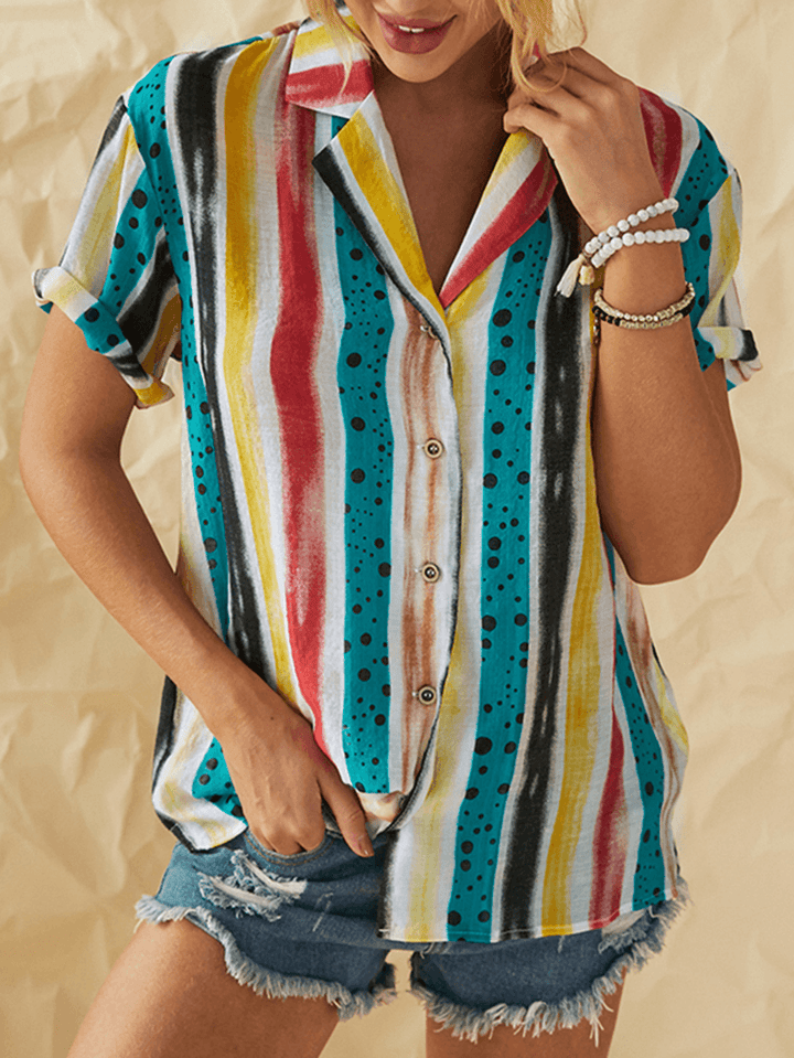 Retro Striped Polka Dot Print Lapel Short Sleeve Shirts for Women - MRSLM