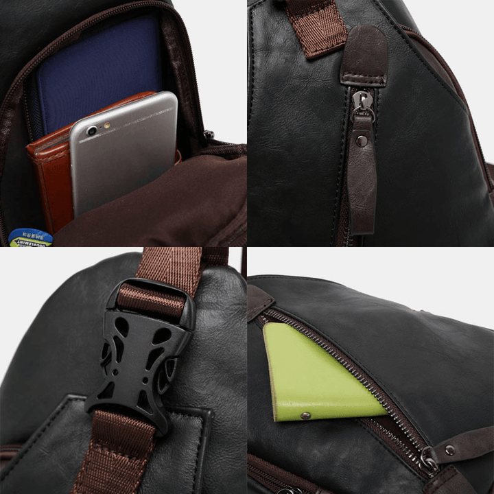 Men PU Leather Multi-Pocket Waterproof Casual Crossbody Bag Chest Bag Sling Bag - MRSLM