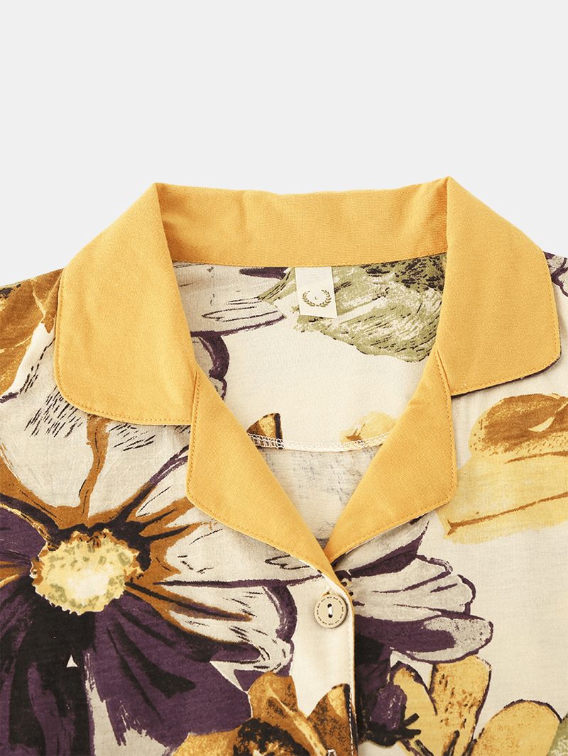 Women Floral Print Revere Collar Home Smooth Short Sleeve Pajama Set - MRSLM