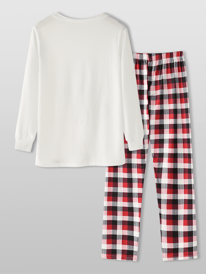 Christmas Style Women Cute Elk Print Pullover Plaid Elastic Loose Waist Pants Home Pajama Set - MRSLM