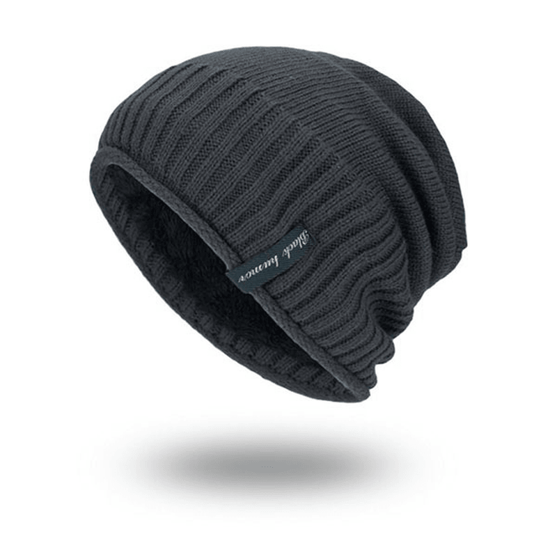 Mens Solid Knitted Skullies Cap plus Velvet Warm Outdoor Casual Skull Hats - MRSLM