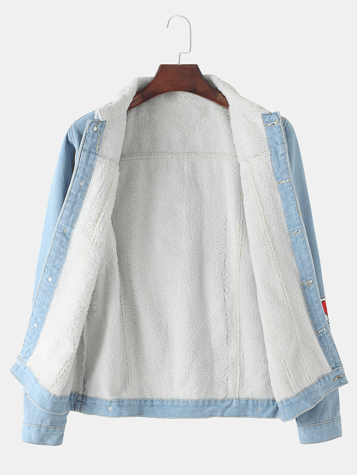 Mens Print Double Pocket Fleece Lined Long Sleeve Denim Jacket - MRSLM