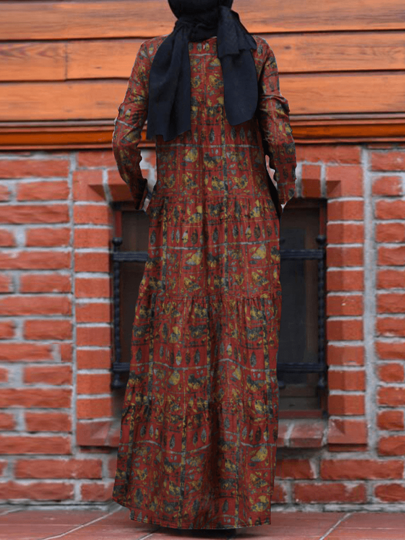 Women Floral Printing O-Neck Back Zipper Kaftan Long Sleeve Maxi Dresses with Pocket - MRSLM