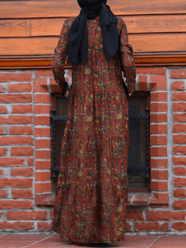 Women Floral Printing O-Neck Back Zipper Kaftan Long Sleeve Maxi Dresses with Pocket - MRSLM