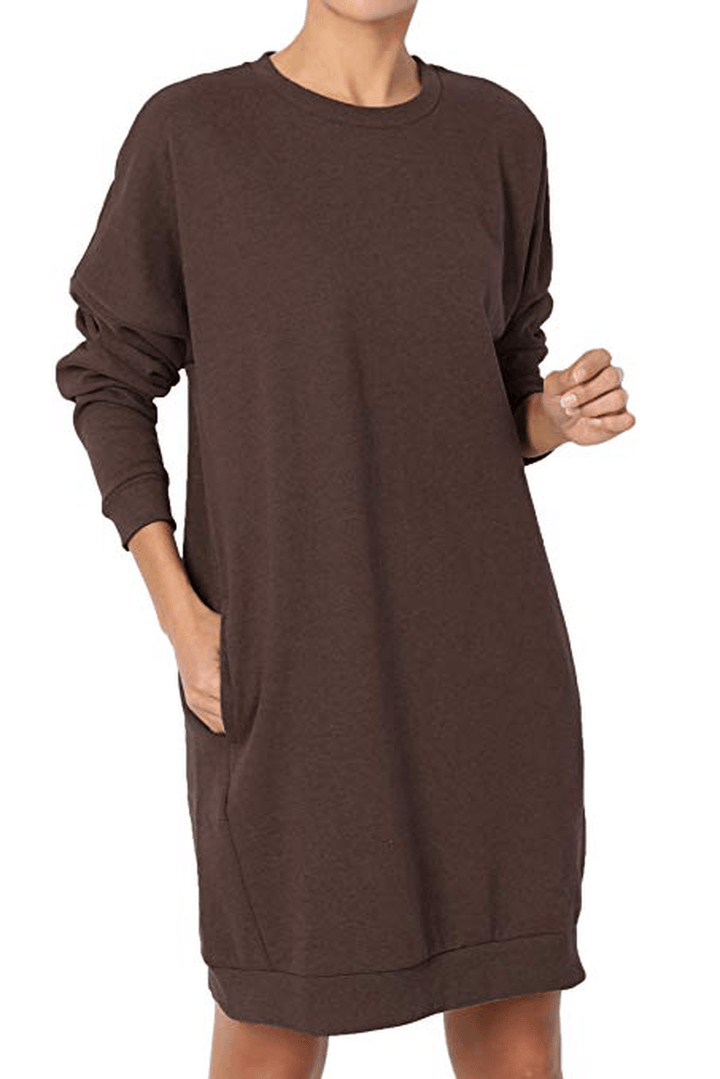 Women Long Sleeve Crew Neck Solid Pullover Loose Hoodie Sweatshirt Dress - MRSLM