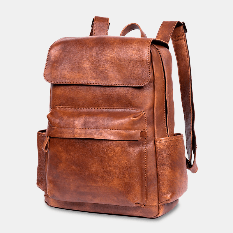 Ekphero Men Retro PU Leather Large Capacity 15.6 Inch Laptop Bag Backpack - MRSLM