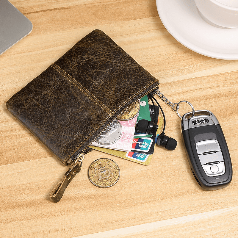 Men Minin Short Zipper Cowhide Wallets Coin Purse Money Clip Clutch Wallets Key Case - MRSLM