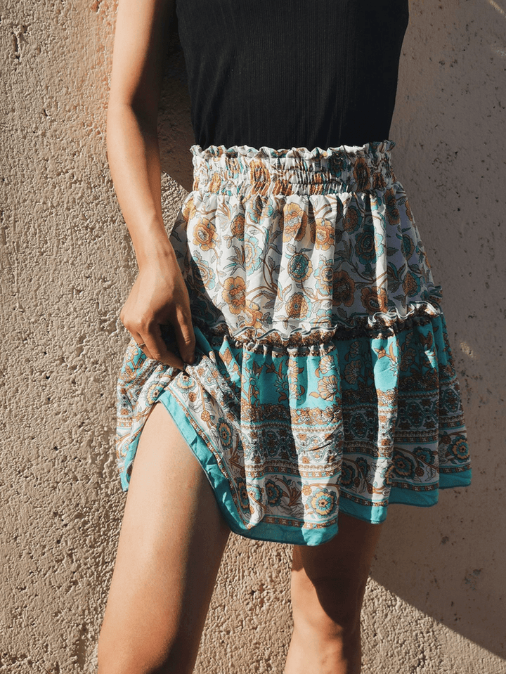 Ethnic Women Elastic Waist Floral Ruffle Pleated Printed Mini Short Skirts - MRSLM